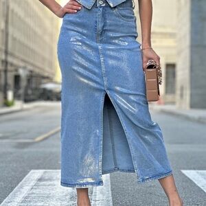 Chic Blue Denim Gold Shimmer Maxi Skirt